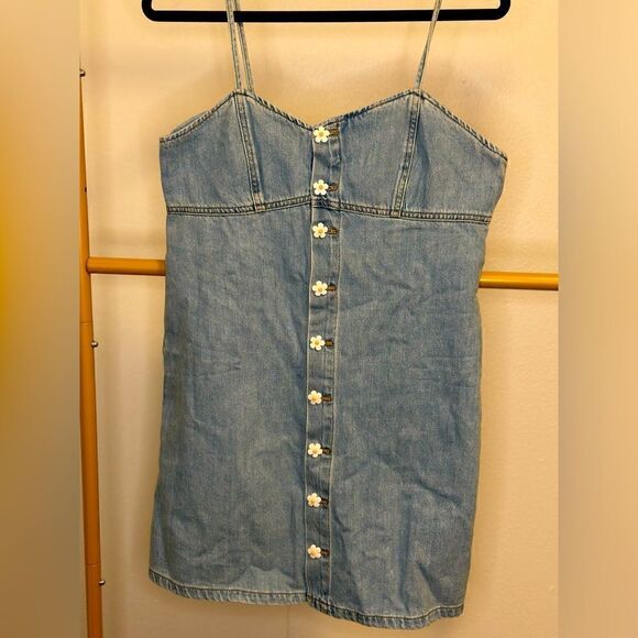 ASOS Urban Revivo Denim Cami Mini Dress with Daisy Buttons in Blue - Picture 5 of 10